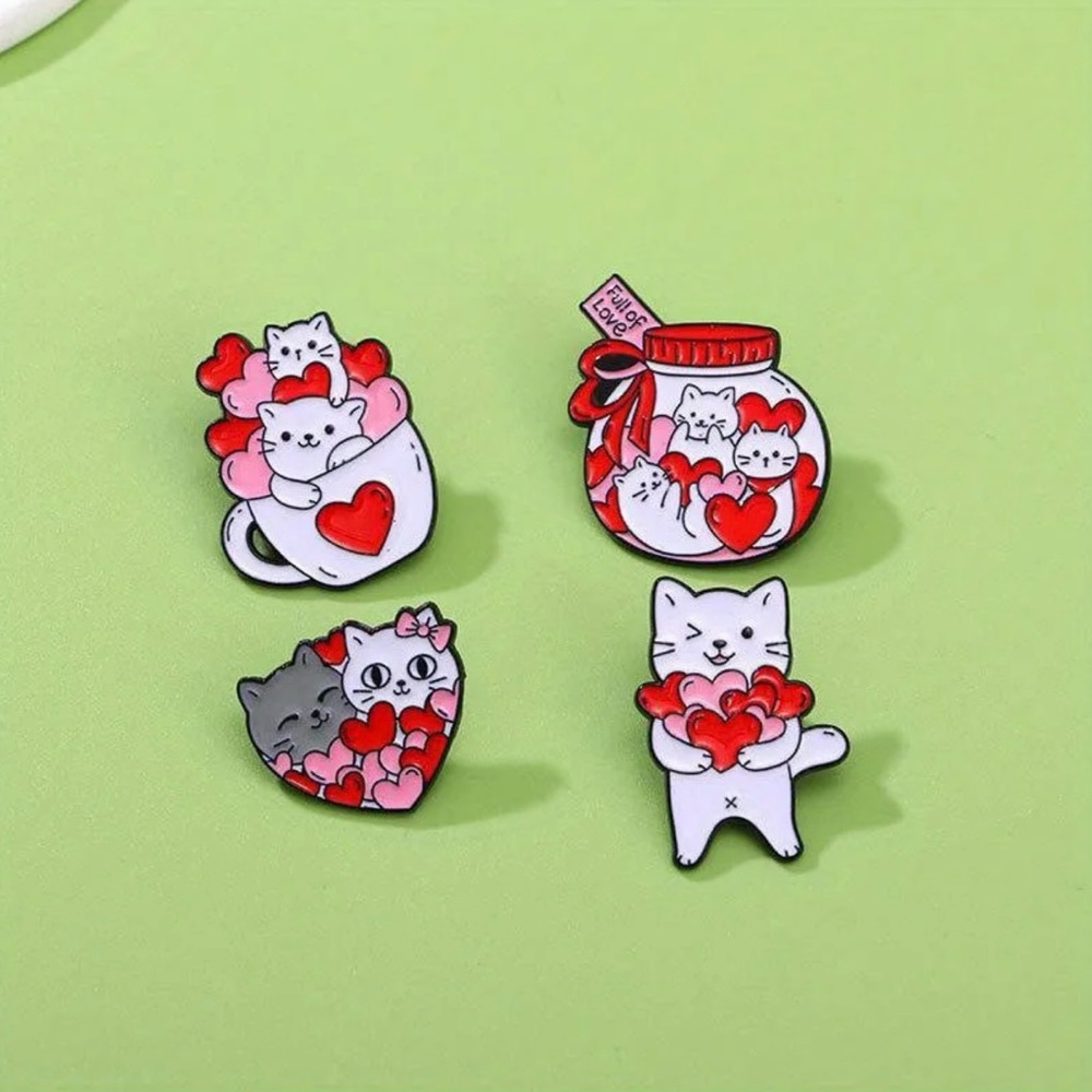 4 Pcs Red, Pink &‎ White Color Black Cat Shape Pin Set Simple Animal Theme Pin